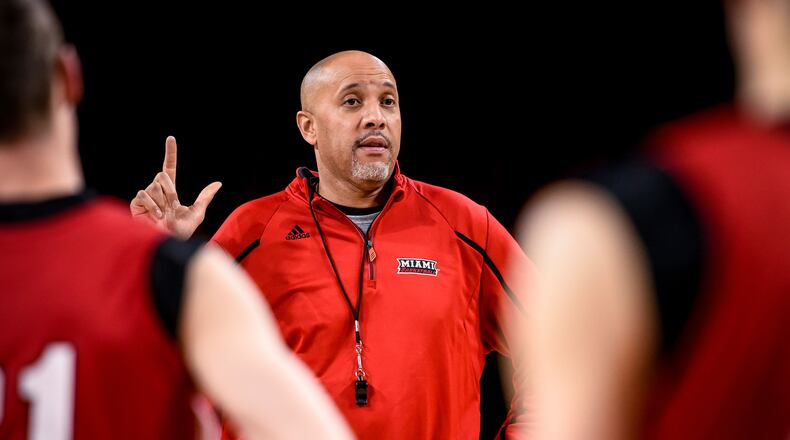 Miami University men’s basketball coach John Cooper talks to his players during practice Thursday, Jan. 12 at Millet Hall at Miami University in Oxford. NICK GRAHAM/STAFF