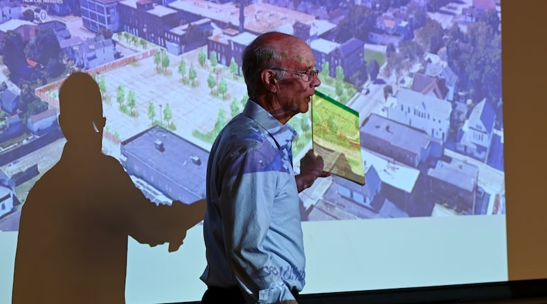 Ken Schon, a principle at developer Bloomfield/Schon, presents the $29 million development plan of the Shuler Benninghofen redevelopment project on Monday, April 21, 2025, at Miami University Regionals in Hamilton that would turn the former woolen mill in Lindenwald into a mixed-use development that features 127 apartments, 150 open lot parking spaces, and commercial space. MICHAEL D. PITMAN/STAFF