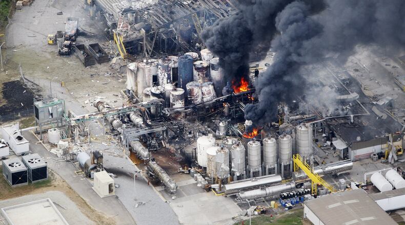 An overnight explosion and fire at the Veolia Environmental Services plant in West Carrollton on May 4, 2009, was still burning the next day. The explosion damaged a major portion of the plant.