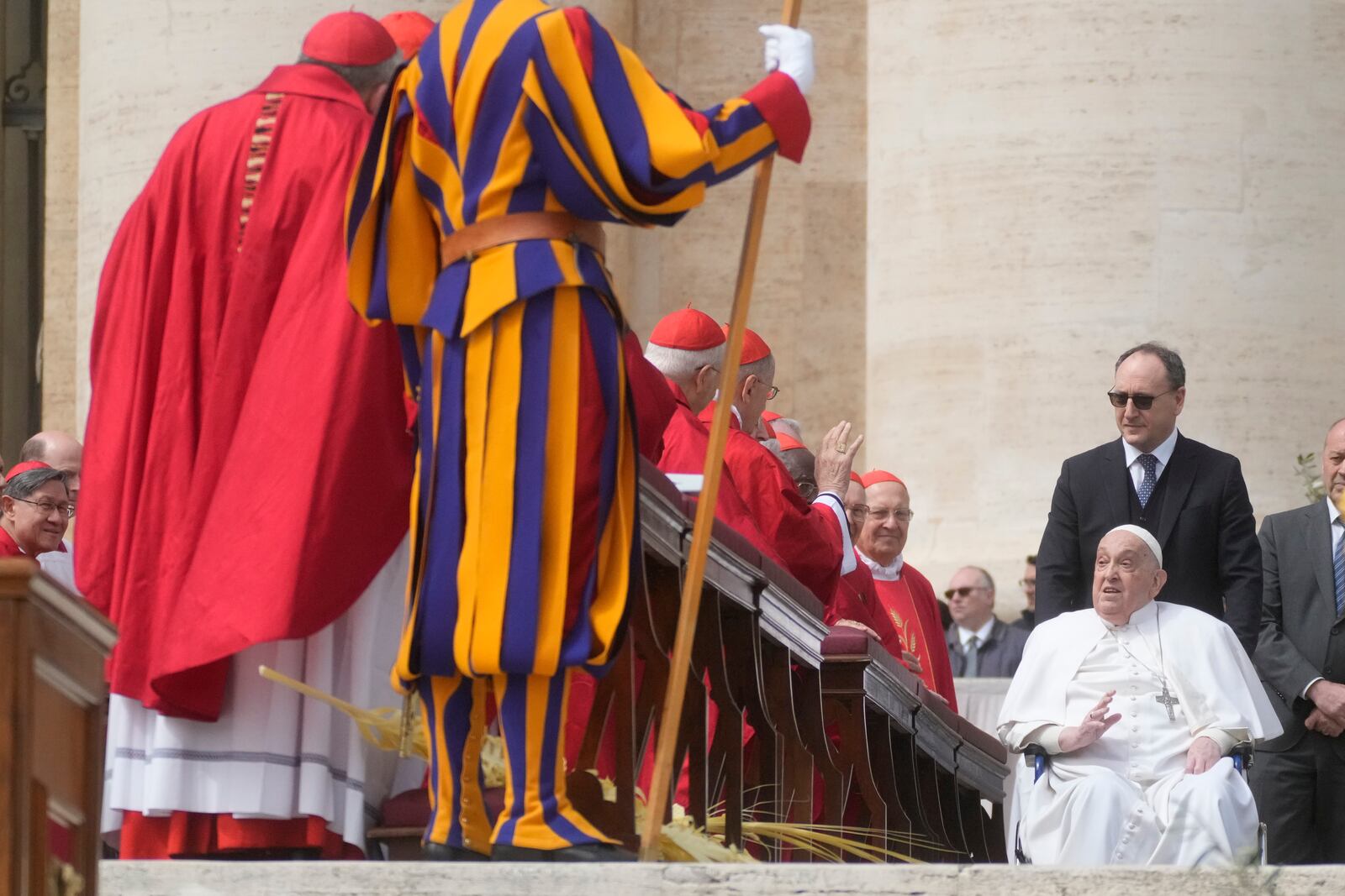 Pope Francis arrives at the end of the mass on Palm Sunday in St. Peter's Square at The Vatican, Sunday, April 13, 2025. (AP Photo/Gregorio Borgia)