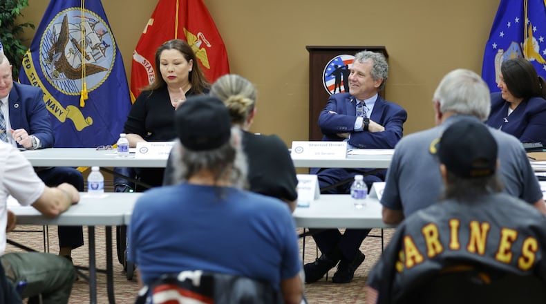 Democratic senators Sherrod Brown of Ohio and Tammy Duckworth of Illinois visited Butler County on Friday to meet with a small group of veterans to hear concerns about their health care disability benefits in the wake of the PACT Act that took effect last year.