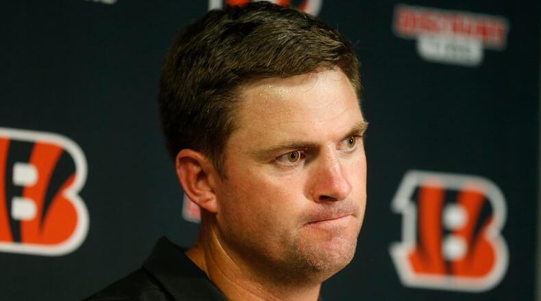 Cincinnati Bengals head coach Zac Taylor speaks during a news conference after an NFL football game against the Buffalo Bills Sunday, Sept. 22, 2019, in Orchard Park, N.Y. The Bills won 21-17. (AP Photo/John Munson)