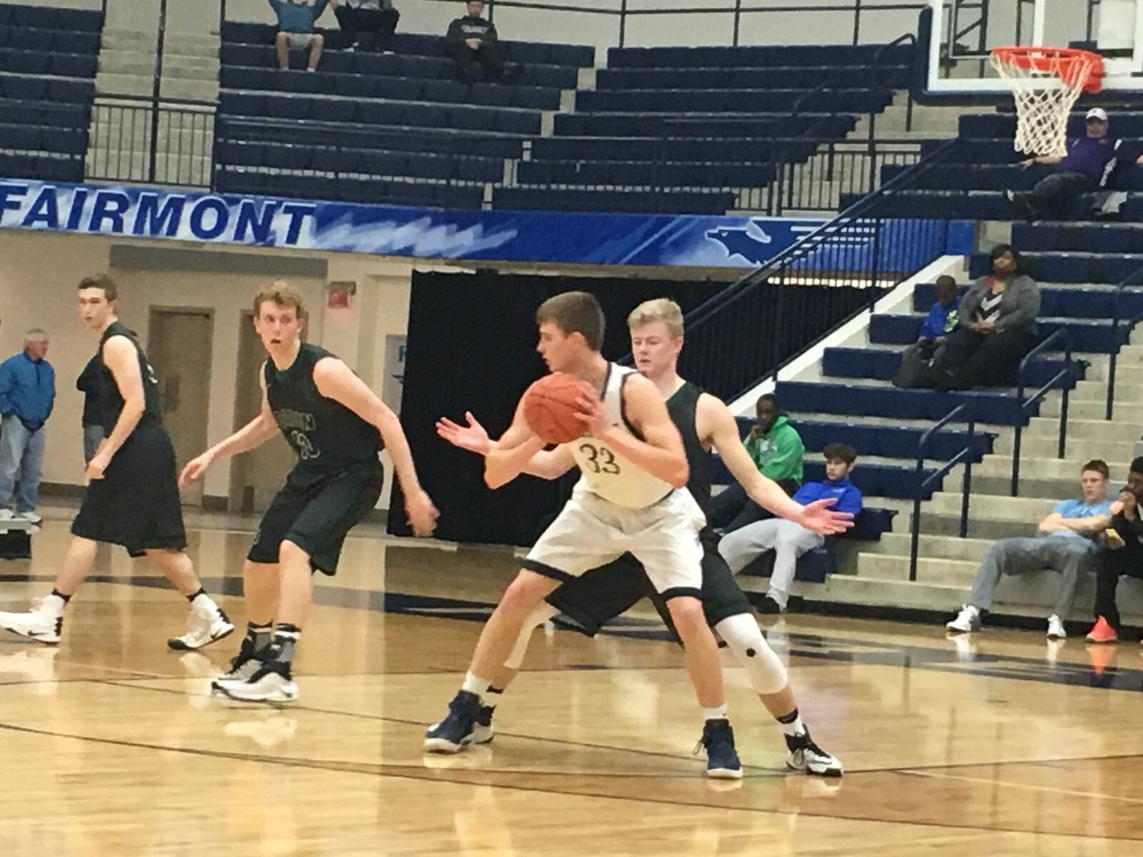 Valley View’s Levi McMonigle is guarded by Badin’s Seth Thompson on Tuesday night during a Division II sectional semifinal at Fairmont’s Trent Arena. RICK CASSANO/STAFF