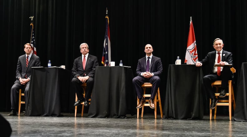 The Journal-News and WLWT-TV sponsored this fifth Ohio Democratic Party sanctioned debate for governor candidates hosted by Miami University Regionals Tuesday, April 10 at Finkelman Auditorium on the campus of Miami University Middletown. Candidates in attendance were, left to right, former Ohio Attorney General Richard Cordray, former Ohio Supreme Court Justice Bill O’Neill, Ohio Senator Joe Schiavoni and former congressman Dennis Kucinich. NICK GRAHAM/JOURNAL-NEWS