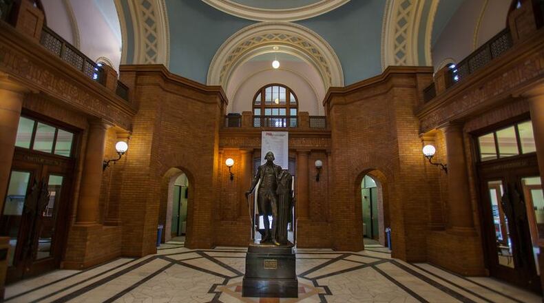 The George Washington statue on the Miami University Oxford campus has a long history with parts of it tracing back to the 1790s, according to Miami historians. The statue is located in the rotunda at the school's Alumni Hall. (Photo By Connor Moriarty\Journal-News)