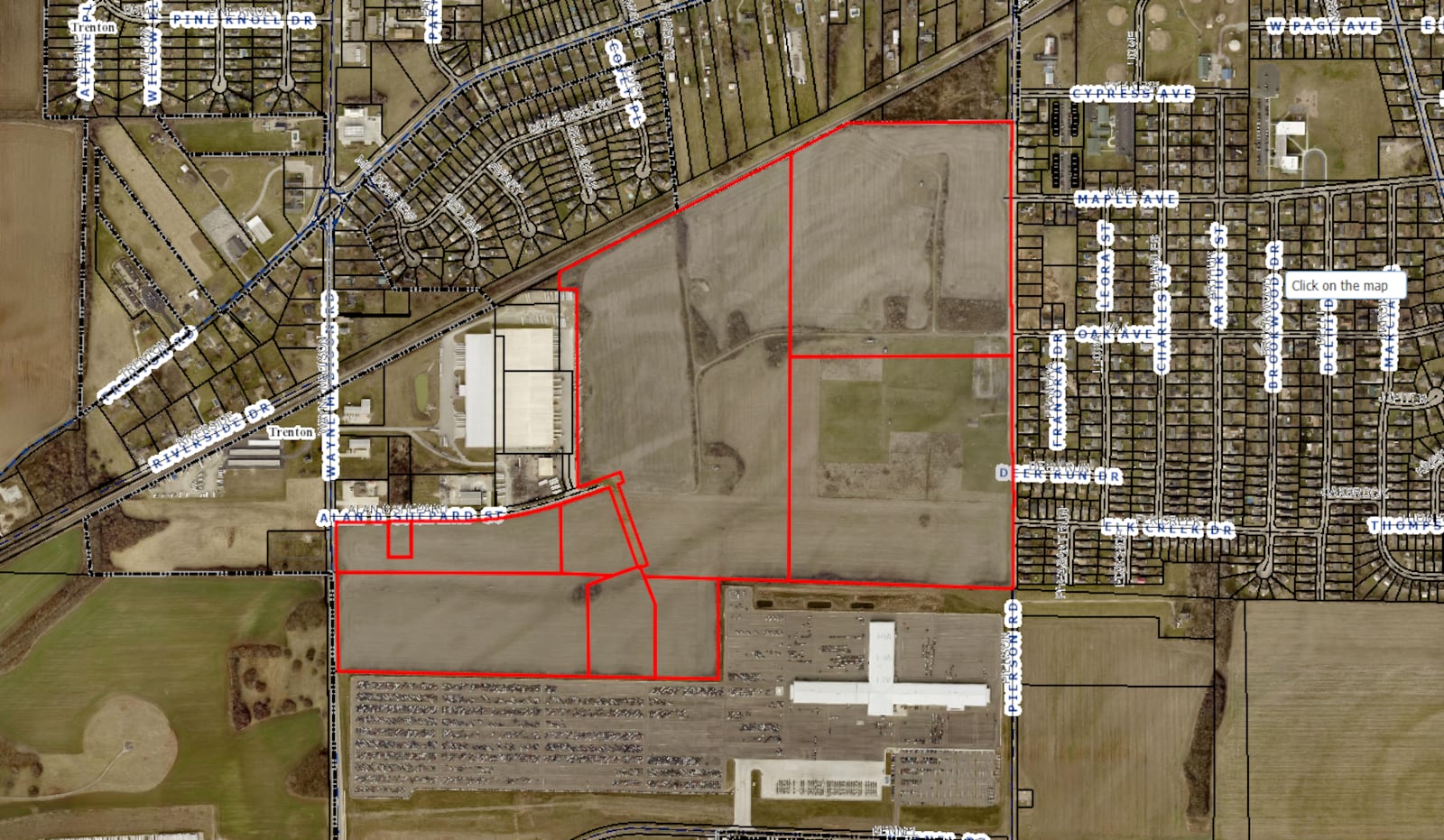 Boundaries for the Duke Energy commercial solar farm coming to Trenton. The 260-acre farm will include 125,000 solar panels; construction is slated to being in early 2028. BUTLER COUNTY AUDITOR'S SITE