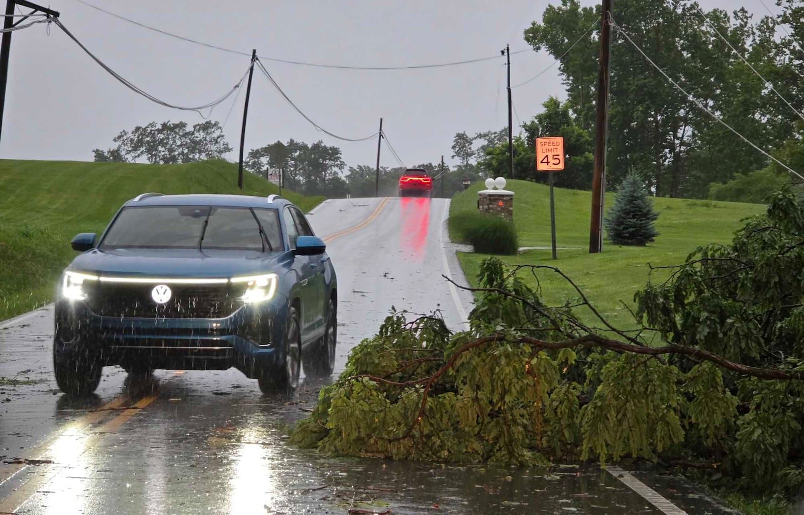 Branches down on West Alexandria Road in Madison Twp., Butler County June 18, 2025 following severe thunderstorms. NICK GRAHAM / STAFF
