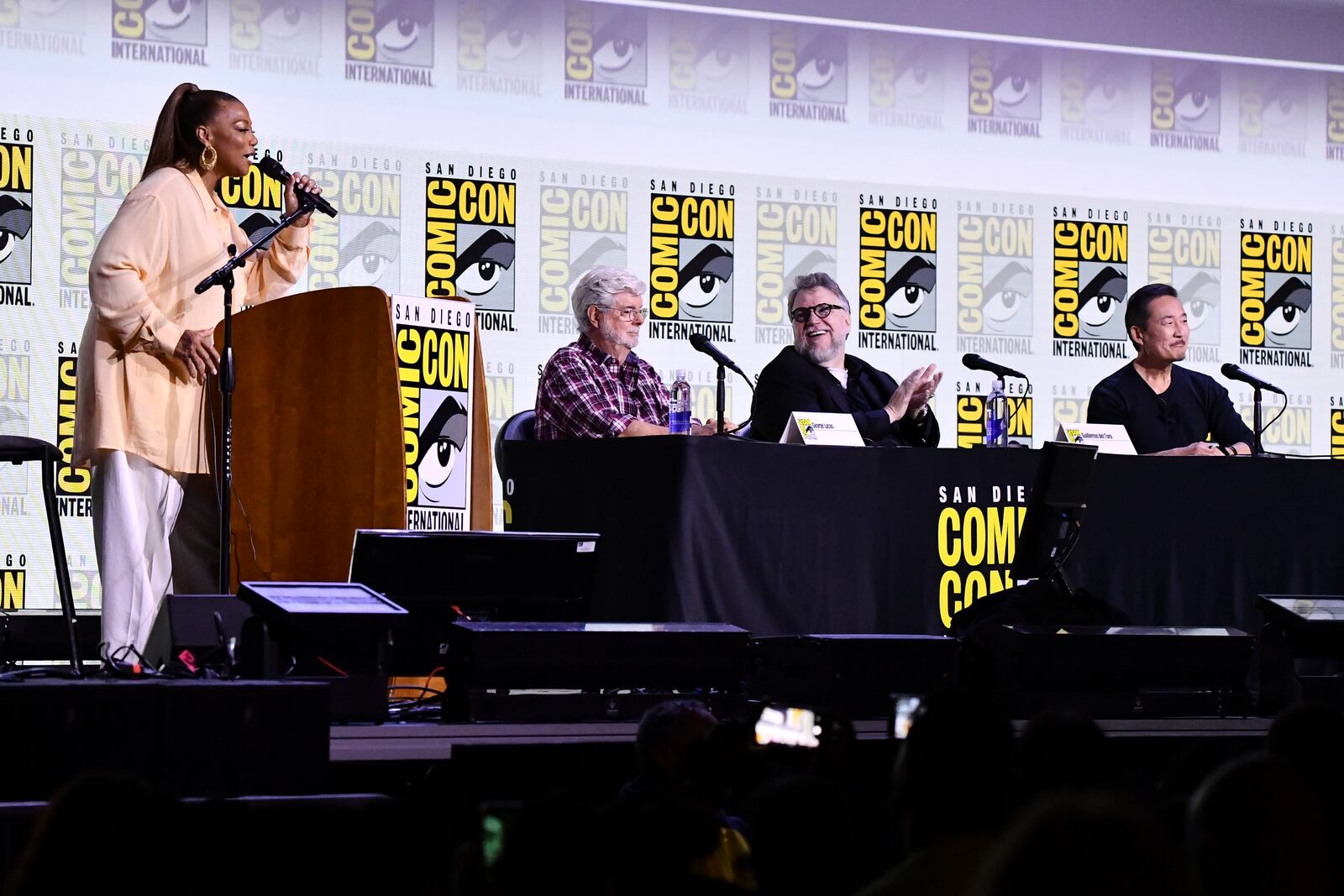 Queen Latifah, from left, George Lucas, Guillermo del Toro, and Doug Chiang attend a panel for the Lucas Museum of Narrative Art during Comic-Con International on Sunday, July 27, 2025, in San Diego. (Photo by Richard Shotwell/Invision/AP)
