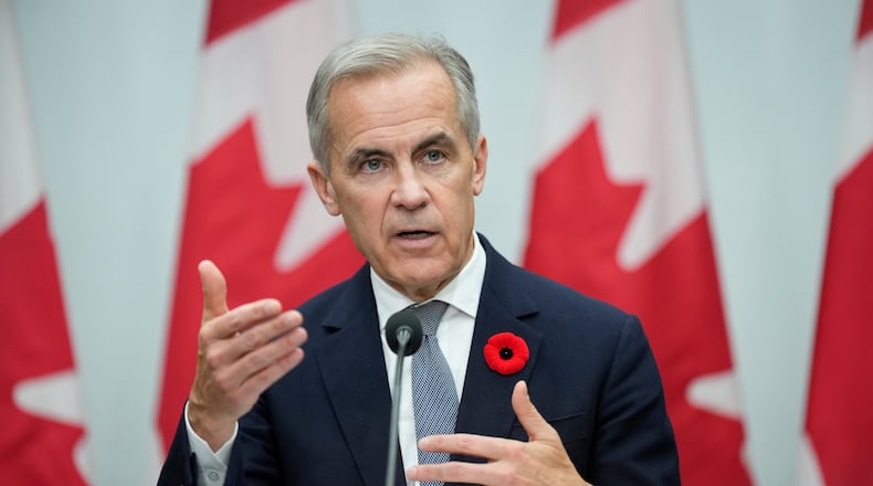 Canada's Prime Minister Mark Carney speaks during a news conference following the APEC Summit in Gyeongju, South Korea, Saturday, Nov. 1, 2025. (Adrian Wyld/The Canadian Press via AP)