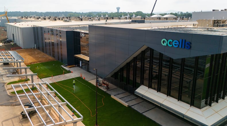 FILE - The Qcells solar panel plant is seen, June 27, 2025, near Cartersville, Ga. (AP Photo/Mike Stewart, File)