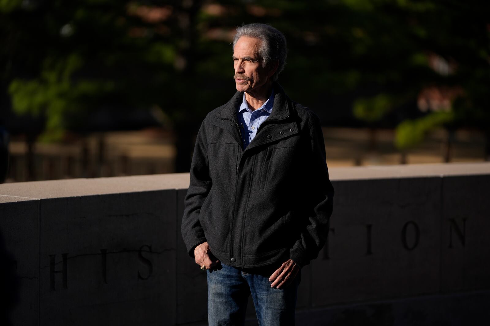 FILE - Bombing survivor Dennis Purifoy stands during an interview at the Oklahoma City National Memorial & Museum in Oklahoma City on March 12, 2025. (AP Photo/LM Otero, File)