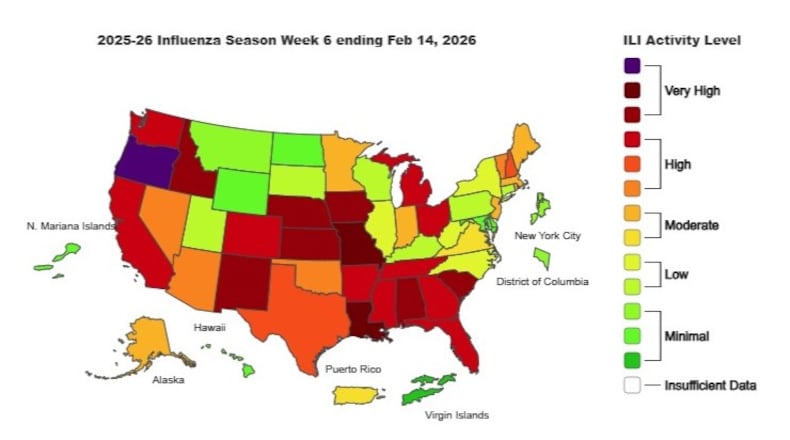 This is the weekly Outpatient Respiratory Illness Activity map from the CDC, for the week ending Feb. 14, 2026.