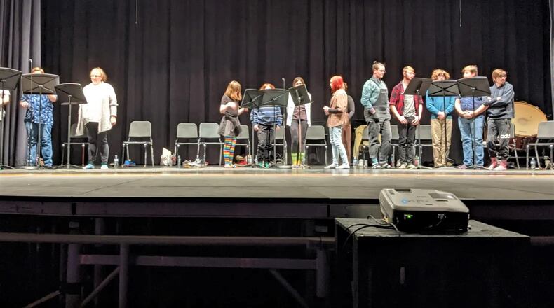 Joel Brown, theater manager for Madison High School, says the student-performed podcast of “In the Forests of the Night,” was a first for the school. “The entire production (pictured) was rehearsed and recorded in front of a live audience in only three days … using a fast-paced approach,” says Brown. (Provided Photo\Journal-News)