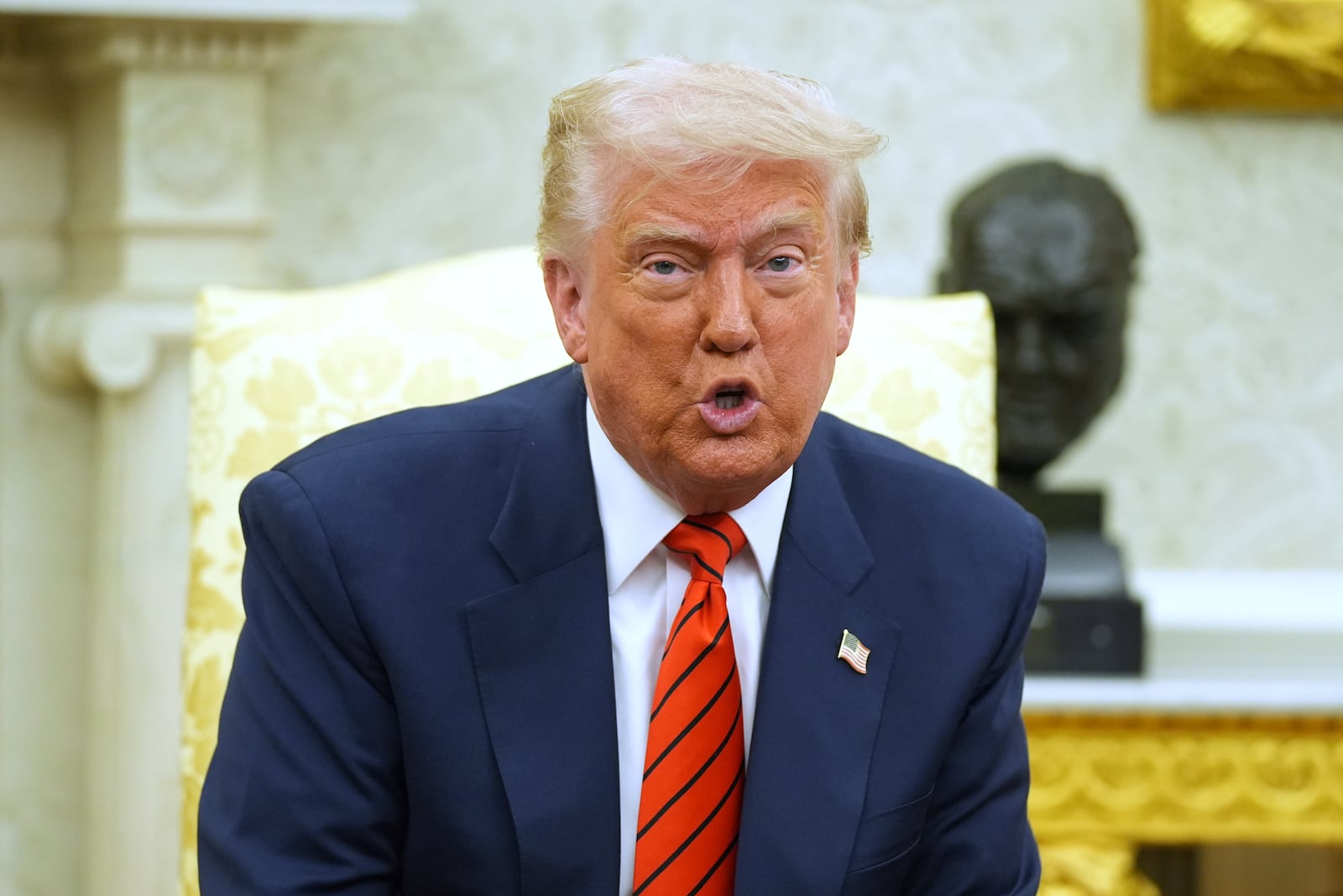 President Donald Trump speaks during a meeting with Canadian Prime Minister Mark Carney in the Oval Office of the White House, Tuesday, May 6, 2025, in Washington. (AP Photo/Evan Vucci)
