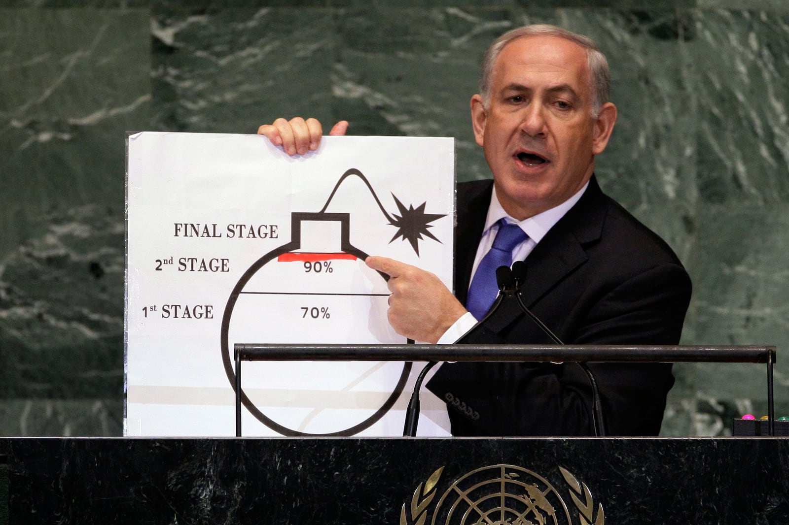 FILE - Israeli Prime Minister Benjamin Netanyahu shows an illustration as he describes his concerns over Iran's nuclear ambitions during his address to the 67th session of the United Nations General Assembly at U.N. headquarters, Sept. 27, 2012. (AP Photo/Richard Drew, File)