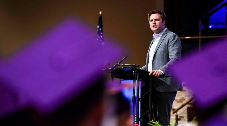 Middletown native and author J.D. Vance is expected to formally announce his bid for the 2022 U.S. Senate seat. Pictured is Vance in 2017 speaking at the Middletown High School graduation at Princeton Pike Church of God in Liberty Twp. NICK GRAHAM/FILE