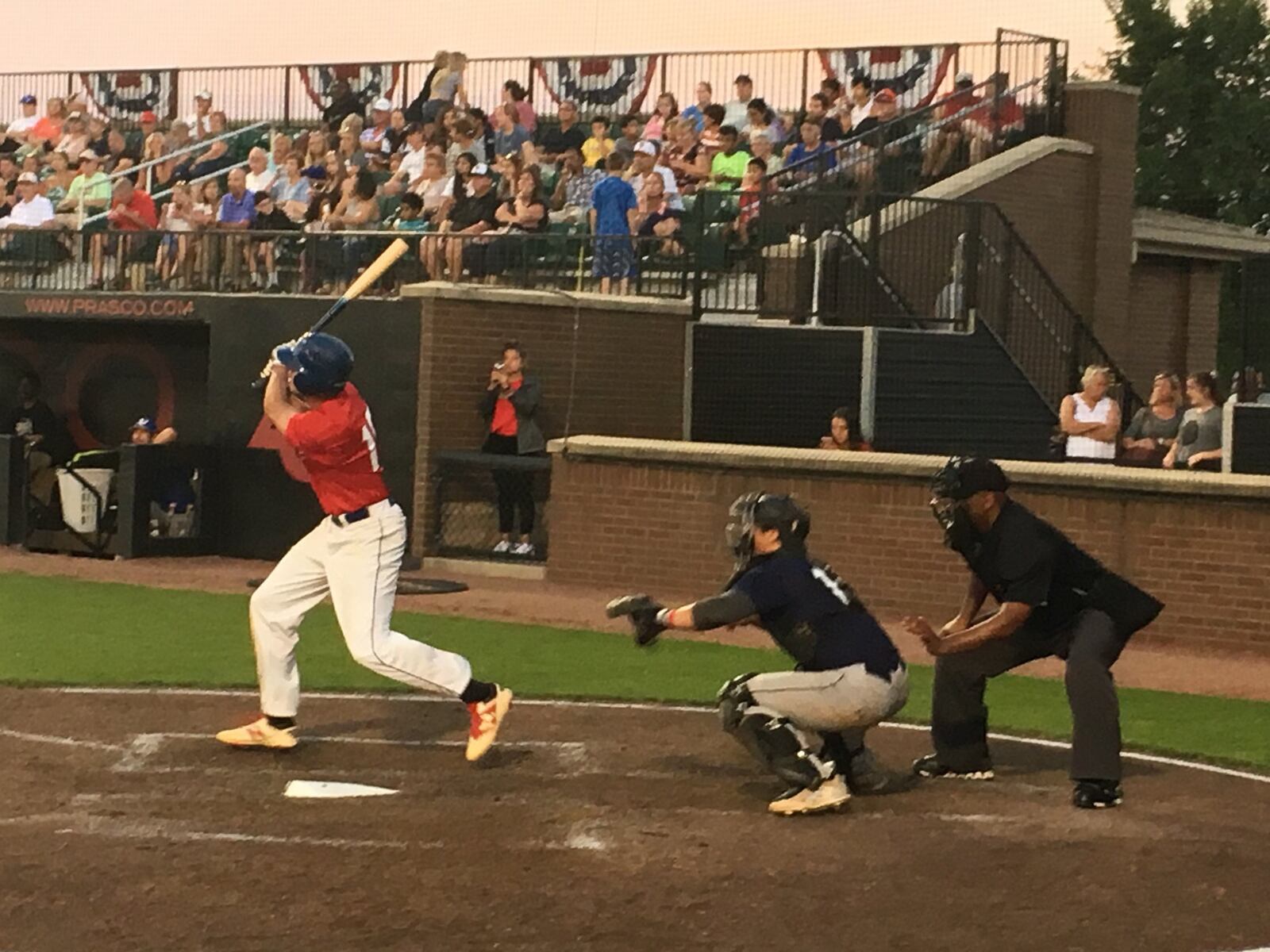 Jake Kates of the Cincinnati Steam takes a cut Tuesday night during the Great Lakes Summer Collegiate League All-Star Game at Prasco Park in Mason. Kates had one hit as the South defeated the North 3-2. RICK CASSANO/STAFF