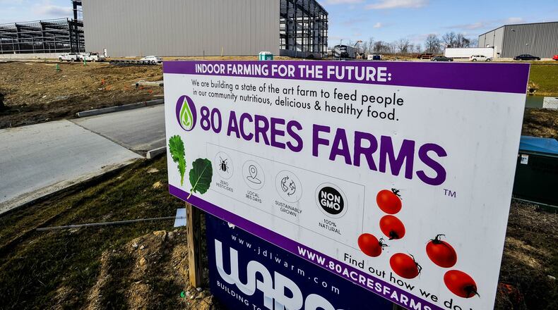 Construction continues on the new location for 80 Acres Farms indoor farming facility on Hamilton Enterprise Park Drive Thursday, Feb. 20, 2020 in Hamilton. NICK GRAHAM / STAFF