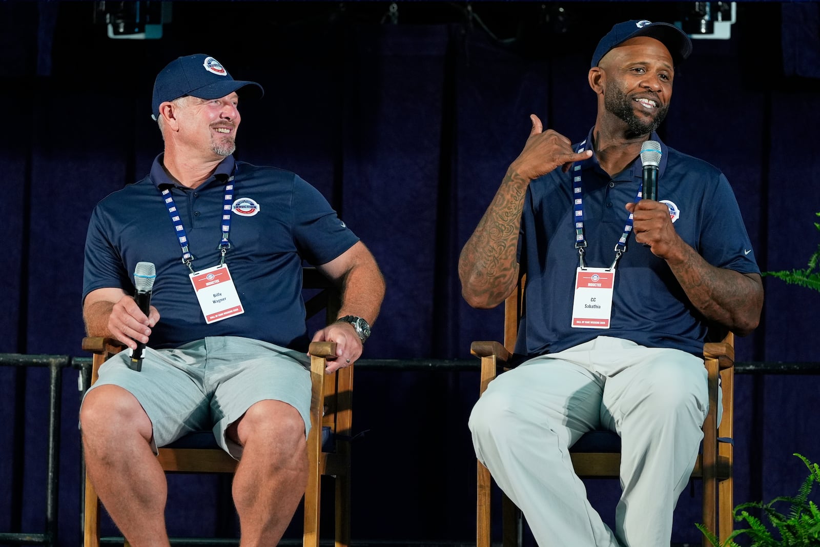 Baseball Hall of Fame inductees Billy Wagner, left, and CC Sabathia speak to reporters during a news conference in Cooperstown, N.Y., Saturday, July 26, 2025. (AP Photo/Seth Wenig)