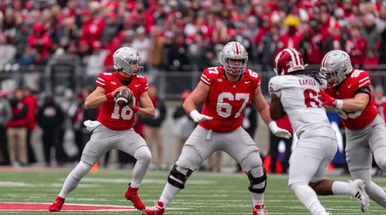 Ohio State's Austin Siereveld (67) protects quarterback Will Howard during a game this season vs. Indiana. Siereveld is a 2023 Lakota East graduate who has started seven games this season at right guard. OHIO STATE ATHLETICS / CONTRIBUTED PHOTO