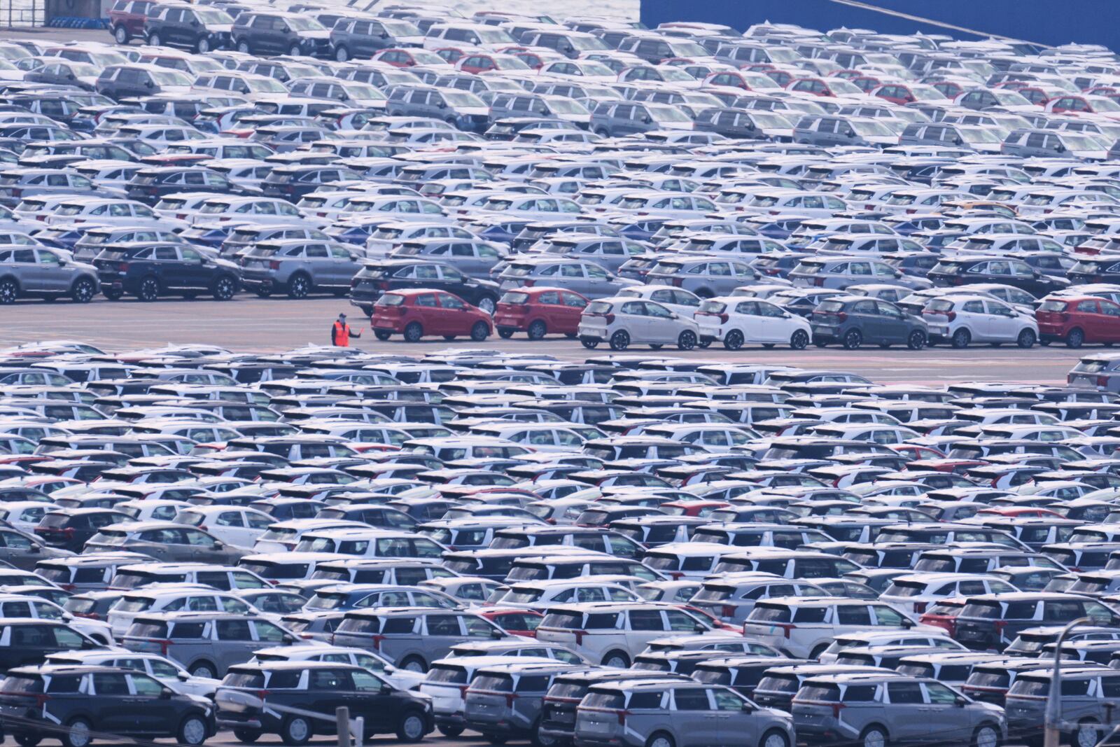 Vehicles for export are parked at a port in Pyeongtaek, South Korea, Tuesday, April 15, 2025. (AP Photo/Lee Jin-man)