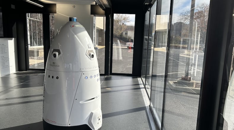 Knightscope, the company behind police robots in Cincinnati, said they’re fully autonomous, meaning no one is behind a controller determining where the robots go. ANNA AZALLION/WCPO