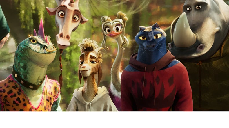 This image released by Sony Pictures shows characters, from left, Modo, voiced by Nick Kroll, Lenny, voiced by Stephen Curry, Will, voiced by Caleb McLaughlin, Olivia, voiced by Nicola Coughlan, Jett, voiced by Gabrielle Union, and Archie, voiced by David Harbour, in a scene from the animated film "GOAT." (Columbia Pictures and Sony Picture Animation via AP)