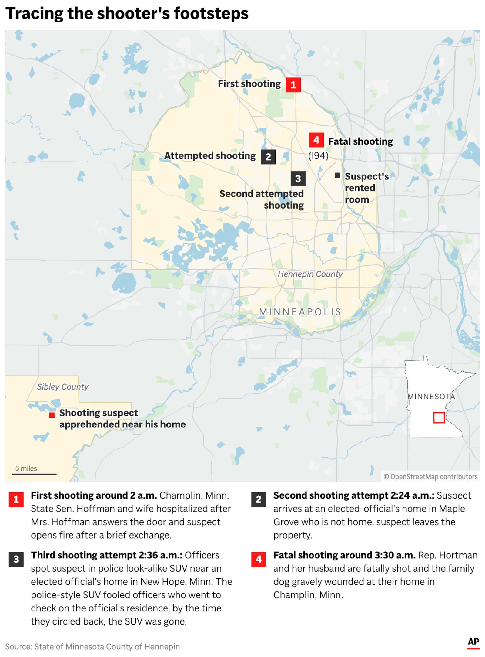 The map above shows the events surrounding two sets of shootings at lawmaker's residences in Minneapolis, Minnesota. (AP Graphic)