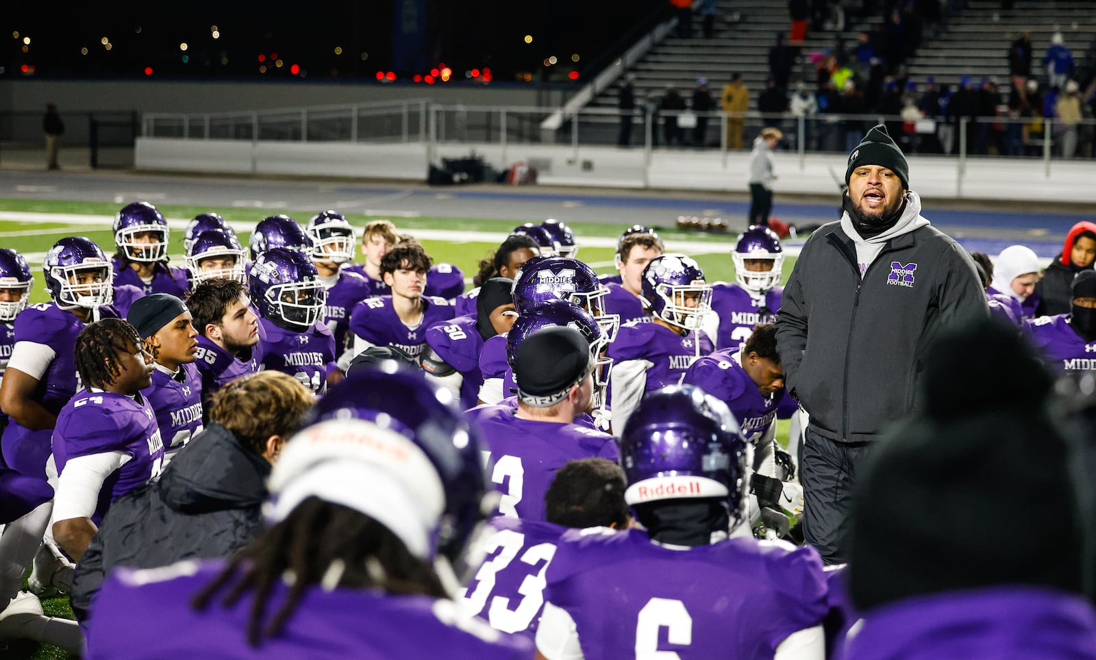 Middletown head football coach Kali Jones speaks to the team after their Division I State semifinal football game against St. Xavier Friday, Nov. 28, 2025 at Welcome Stadium in Dayton. The Bombers won 21-6. NICK GRAHAM/STAFF