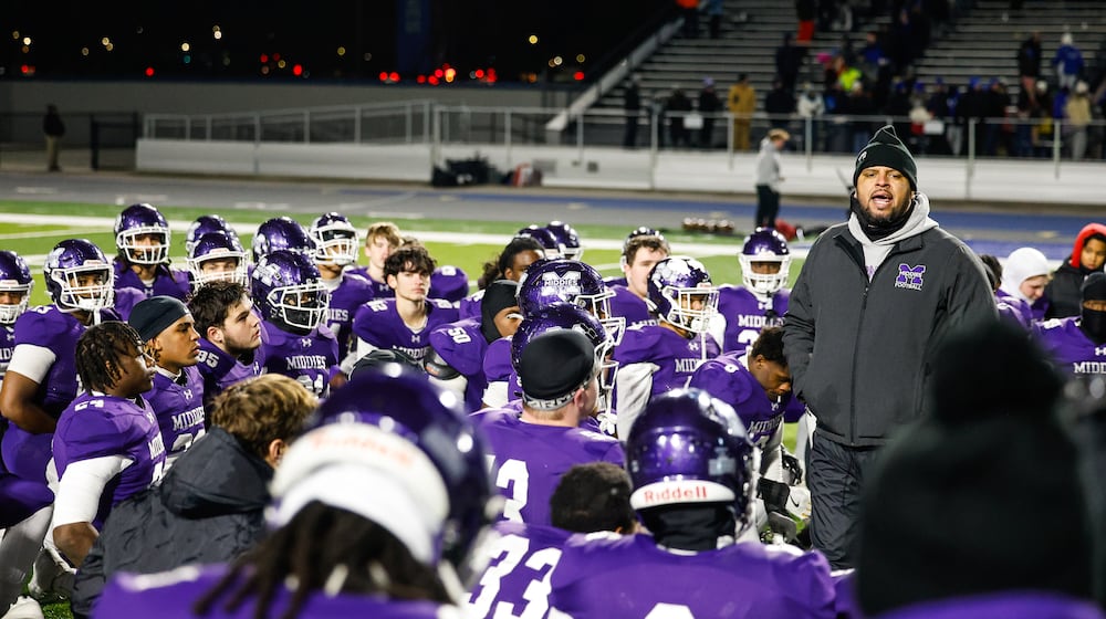 Middletown head football coach Kali Jones speaks to the team after their Division I State semifinal football game against St. Xavier Friday, Nov. 28, 2025 at Welcome Stadium in Dayton. The Bombers won 21-6. NICK GRAHAM/STAFF