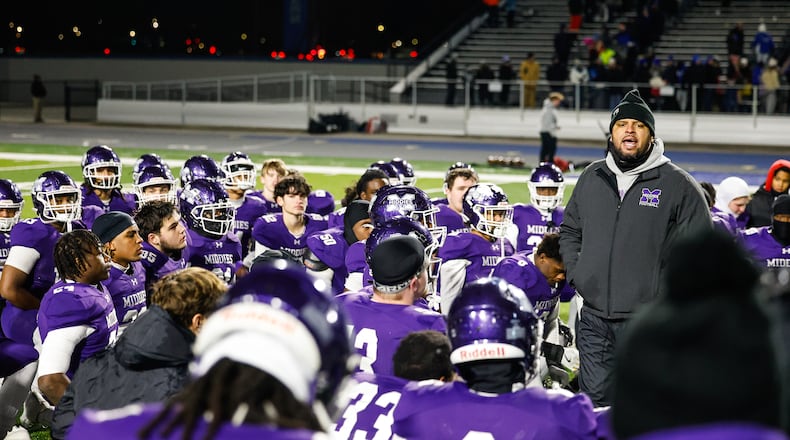 Middletown head football coach Kali Jones speaks to the team after their Division I State semifinal football game against St. Xavier Friday, Nov. 28, 2025 at Welcome Stadium in Dayton. The Bombers won 21-6. NICK GRAHAM/STAFF