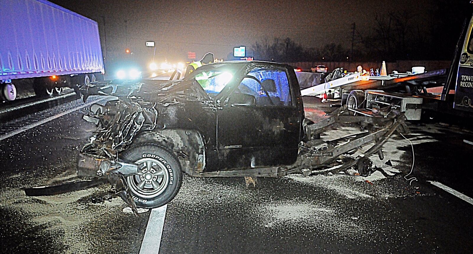 What remains of a pick up truck after being hit by a semi on northbound I-75 at U.S. 40 near Vandalia.