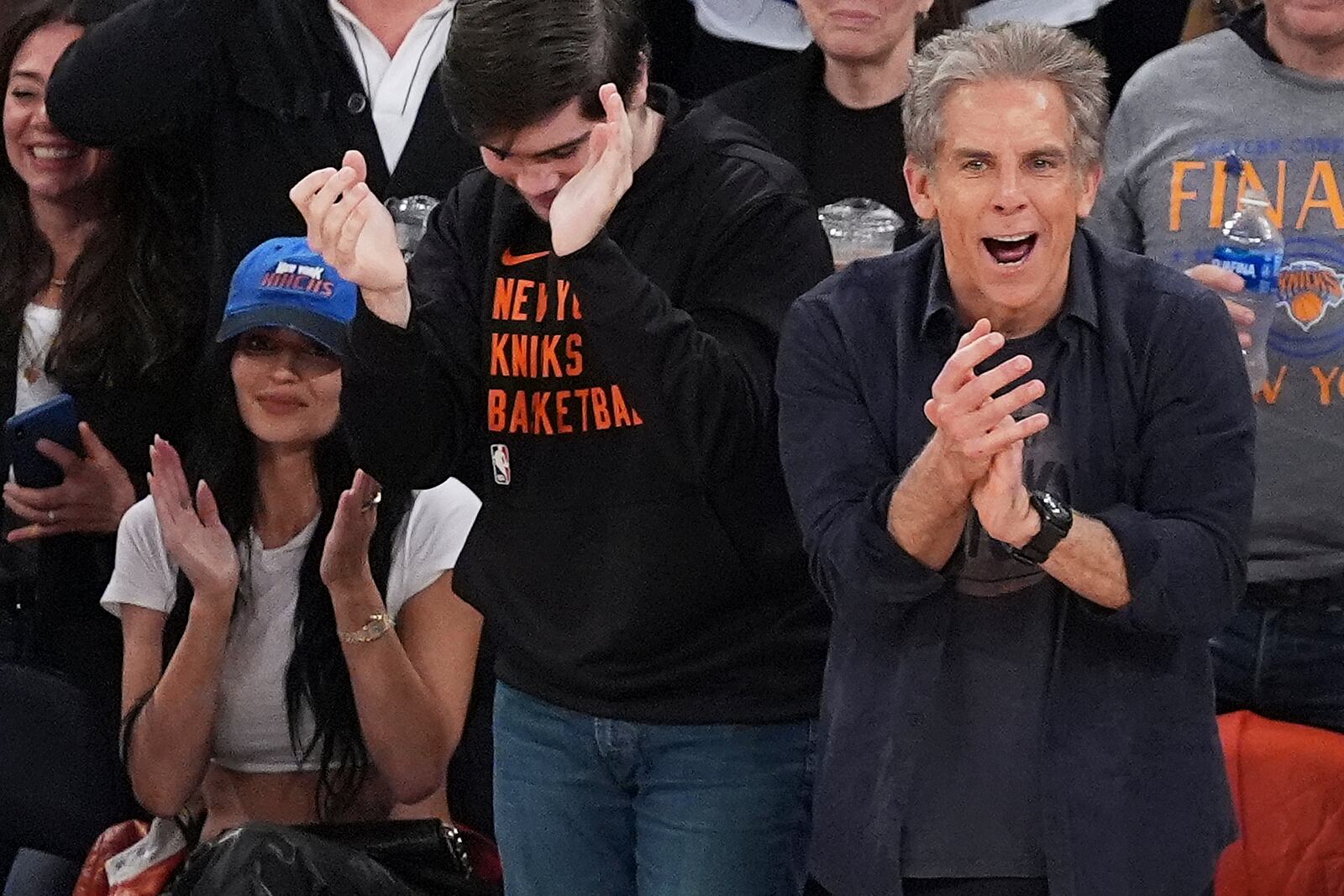Ben Stiller, right, reacts during the fourth quarter of Game 5 of the NBA basketball Eastern Conference finals between the New York Knicks and the Indiana Pacers, Thursday, May 29, 2025, in New York. (AP Photo/Frank Franklin II)