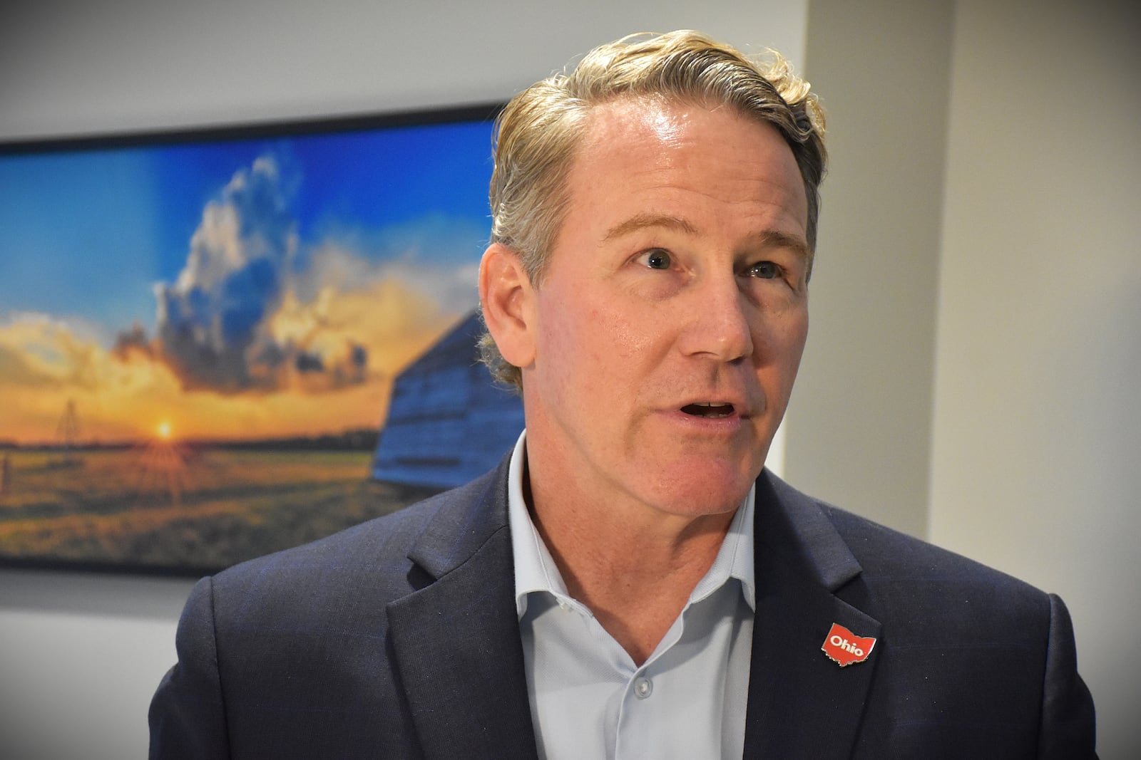 Ohio Sen. Jon Husted (R) speaks to the media following a roundtable discussion with local representatives from defense firms, educational programs and other organizations on Friday, March 6, 2026. CORNELIUS FROLIK / STAFF