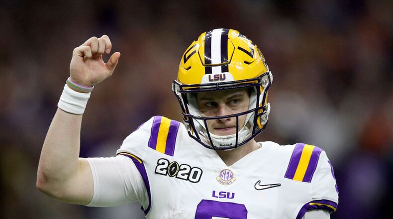 LSU quarterback Joe Burrow celebrates a touchdown pass against Clemson during the College Football Playoff National Championship game at Mercedes Benz Superdome in New Orleans on January 13, 2020. (Chris Graythen/Getty Images/TNS)
