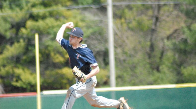 Talawanda senior Noah Prewitt sends a pitch to the plate against Lakota West on Sunday afternoon. The Brave won 5-2. Chris Vogt/CONTRIBUTED