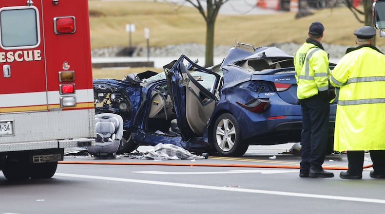 A crash involving a semi and a vehicle on eastbound Union Center Boulevard between Seward Road and Iwata Drive on Thursday morning, Feb. 16, 2023. NICK GRAHAM/STAFF