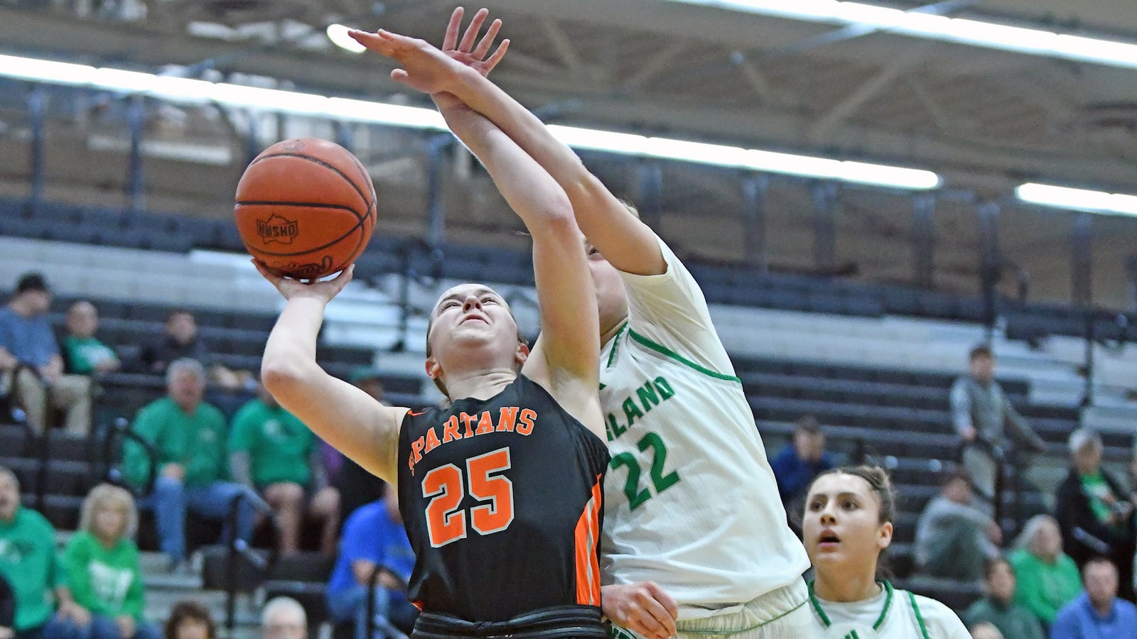 Waynesville's Maggie Stephenson is guarded by Proctorville Fairland freshman Lola Donahue during their Division V regional semifinal game on Wednesday, March 4, 2026 at Lakota East. The Dragons won 76-38. JEFF GILBERT / CONTRIBUTED PHOTO