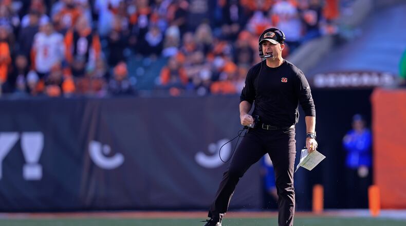 Cincinnati Bengals head coach Zac Taylor shouts during the first half of an NFL football game against the Cleveland Browns, Sunday, Nov. 7, 2021, in Cincinnati. (AP Photo/Aaron Doster)