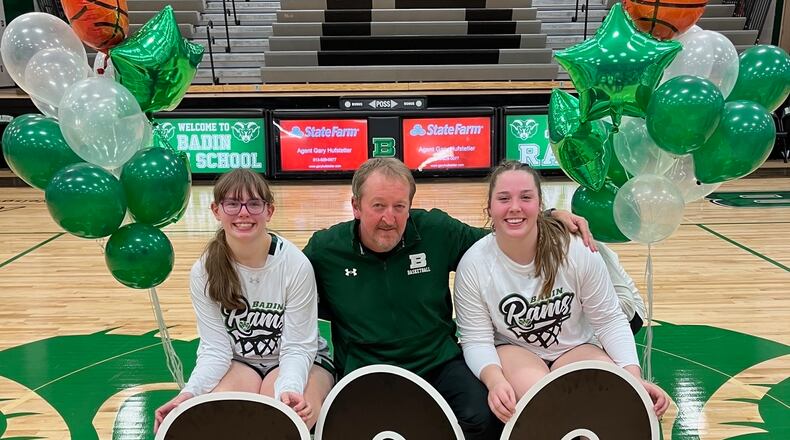 Pictured are Badin seniors Paige Butler and Shelby Mulcare with Rams coach Tom Sunderman, who got his 300th career coaching victory on Wednesday night. CONTRIBUTED
