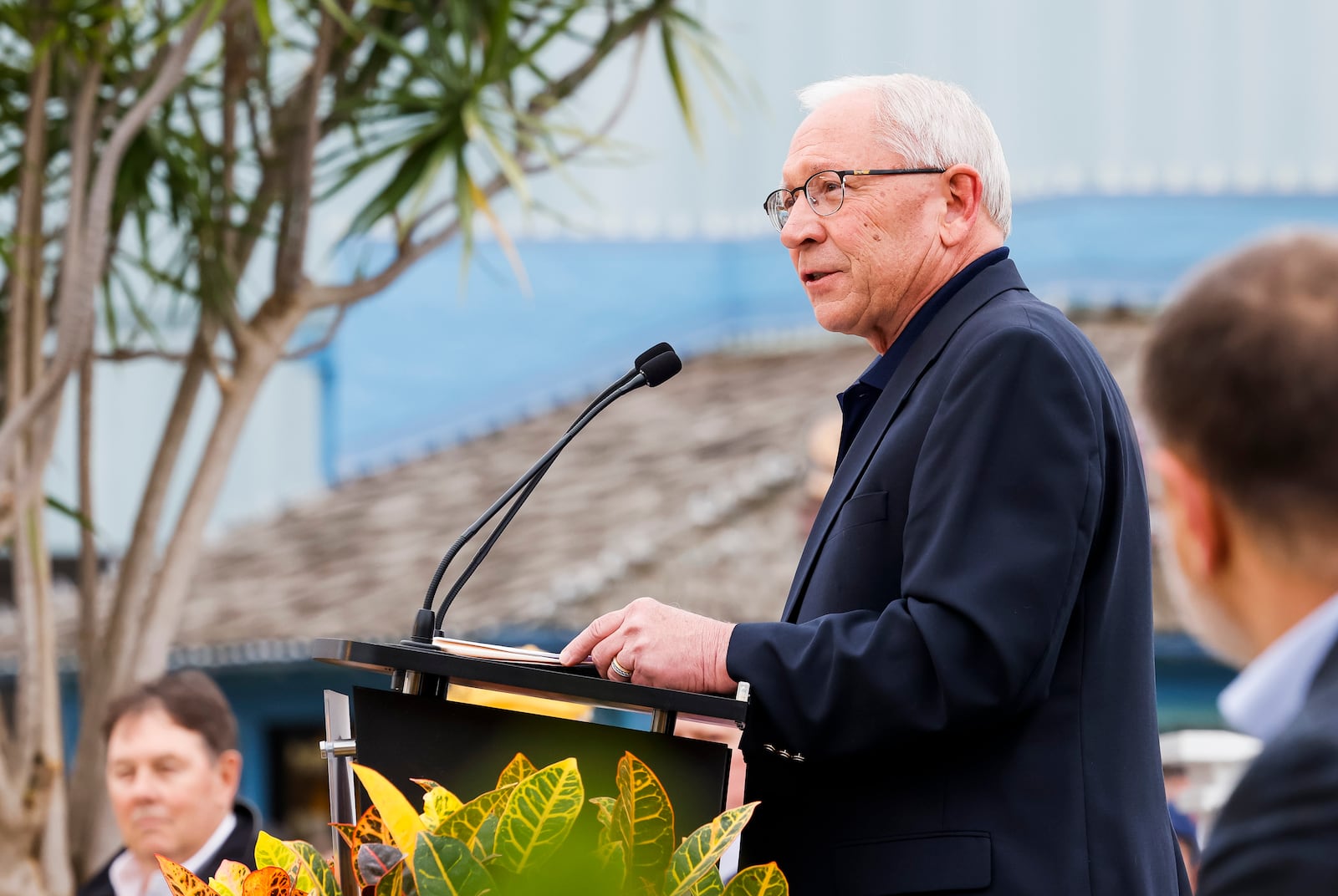 Kings Island held an opening ceremony and ribbon cutting Friday, April 29, 2022 in celebration of their 50th Anniversary. Kings Island President and general manager Mike Koontz speaks to visitors during the ceremony. NICK GRAHAM/STAFF