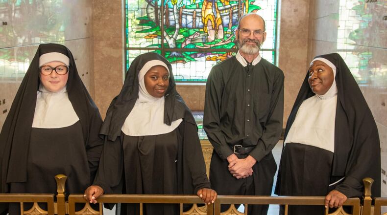 Left to right: Anna Rae Brown as Sister Mary Patrick, Amirah Musa as Deloris Van Cartier, Michael Karrick as Monsignor O'Hara, and Tia Seay as Mother Superior in INNOVATheatre's production of "Sister Act." Photo courtesy of Eccentric Exposure Photography