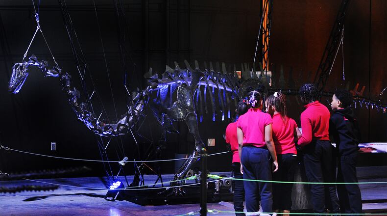 The ‘Dinosaurs in Motion’ exhibit at the National Museum of U.S. Air Force includes 14 interactive dinosaur sculptures. The display is to educate people on the long-lost inhabitants of planet Earth. Guests will be able to see metal skeletons of Triceratops, Ankylosaurus, Tyrannosaurus and more. These dinosaurs are also interactive, as guests can make them move and bite using remote controls. The exhibit runs from Feb. 17-May 13. MARSHALL GORBY\STAFF