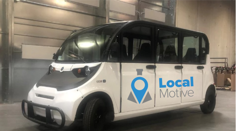 LocalMotive, a Hamilton-based free urban core shuttle, has been delayed due to supply and funding challenges, but hopes to launch if the city approves a $90,000 loan from the Commercial Revolving Loan Fund. Pictured is a mocked-up GEM e6 electric vehicle. Advertising revenues would fund the free service. PROVIDED