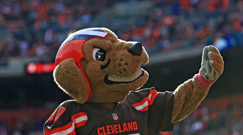 CLEVELAND, OH - OCTOBER 18: Chomps mascot of the Cleveland Browns against the Denver Broncos at Cleveland Browns Stadium on October 18, 2015 in Cleveland, Ohio. Broncos defeated Browns 26-23. (Photo by Andrew Weber/Getty Images)