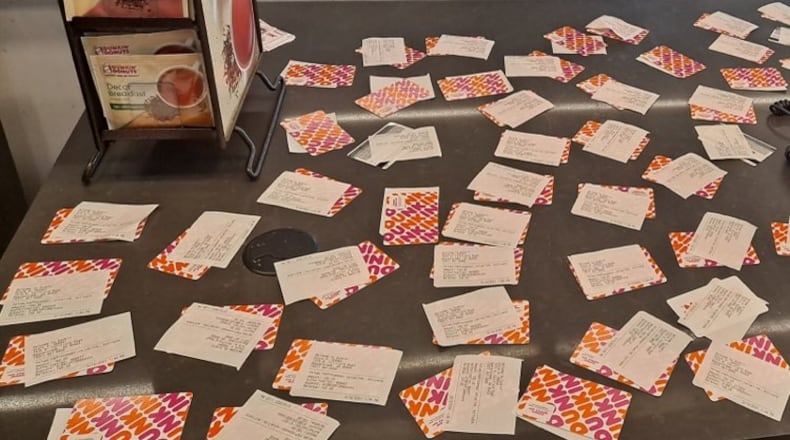 On Friday afternoon, March 12 at the Dunkin’ Donuts shop at 1515 N. Fairfield Rd. in Beavercreek, an customer who wishes to remain anonymous purchased $4,000 in gift cards to “pay it forward” for the shop's customers over two days. CONTRIBUTED PHOTO