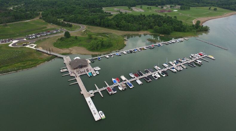 The new marina on Caesar Creek Lake . With 122 boat docks, a concession area and fuel station, the long-awaited marina delivers modern amenities for boaters. Sky 7 / STAFF