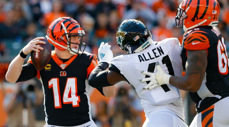 Cincinnati Bengals quarterback Andy Dalton looks to pass in the second half of an NFL football game against the Jacksonville Jaguars, Sunday, Oct. 20, 2019, in Cincinnati. (AP Photo/Gary Landers)