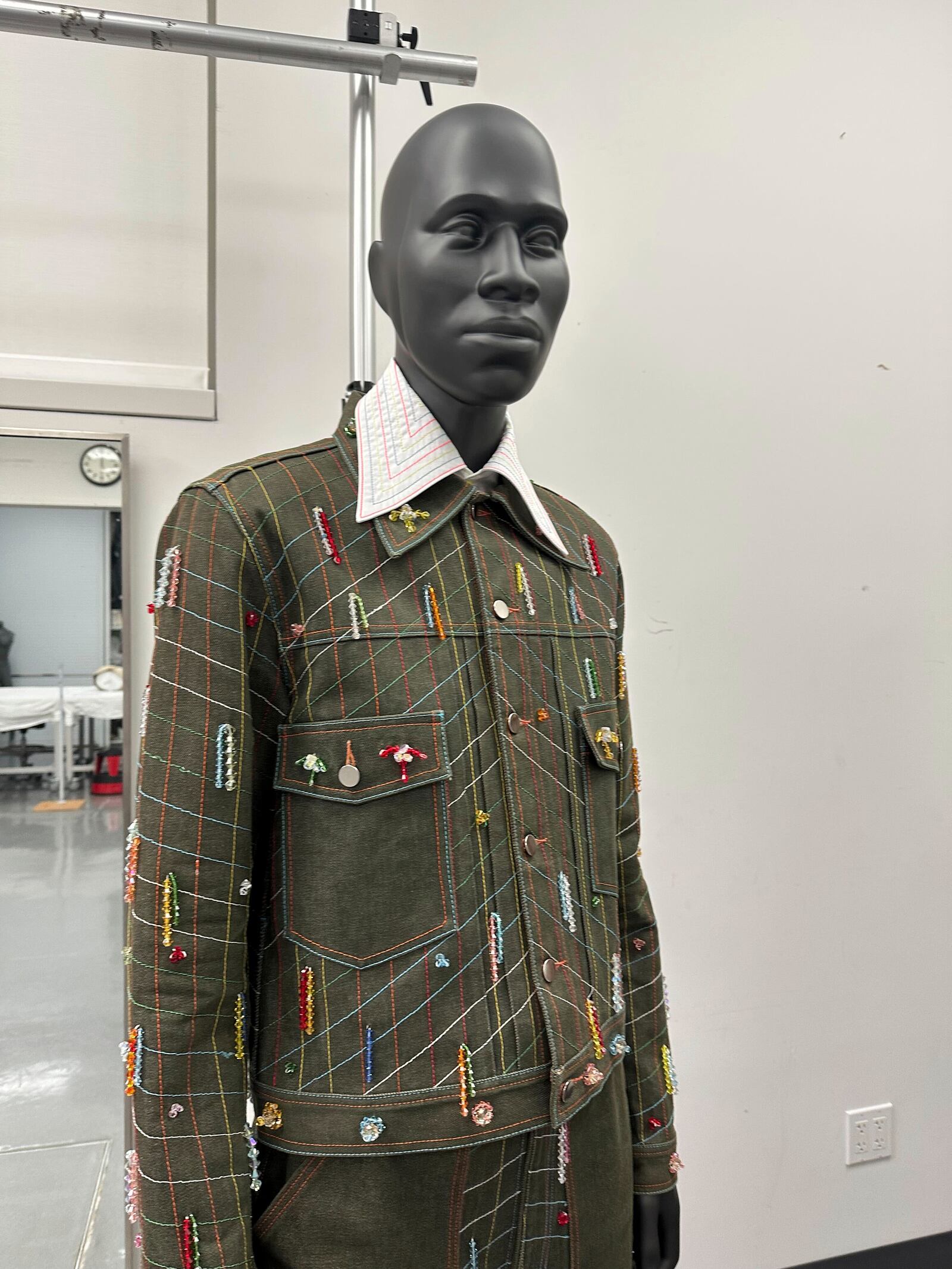 A design by Jacques Agbobly, intended for the upcoming Costume Institute exhibit, “Superfine: Tailoring Black Style," appears in the installation room at the Metropolitan Museum of Art in New York on March 20, 2025. (AP Photo/Jocelyn Noveck)