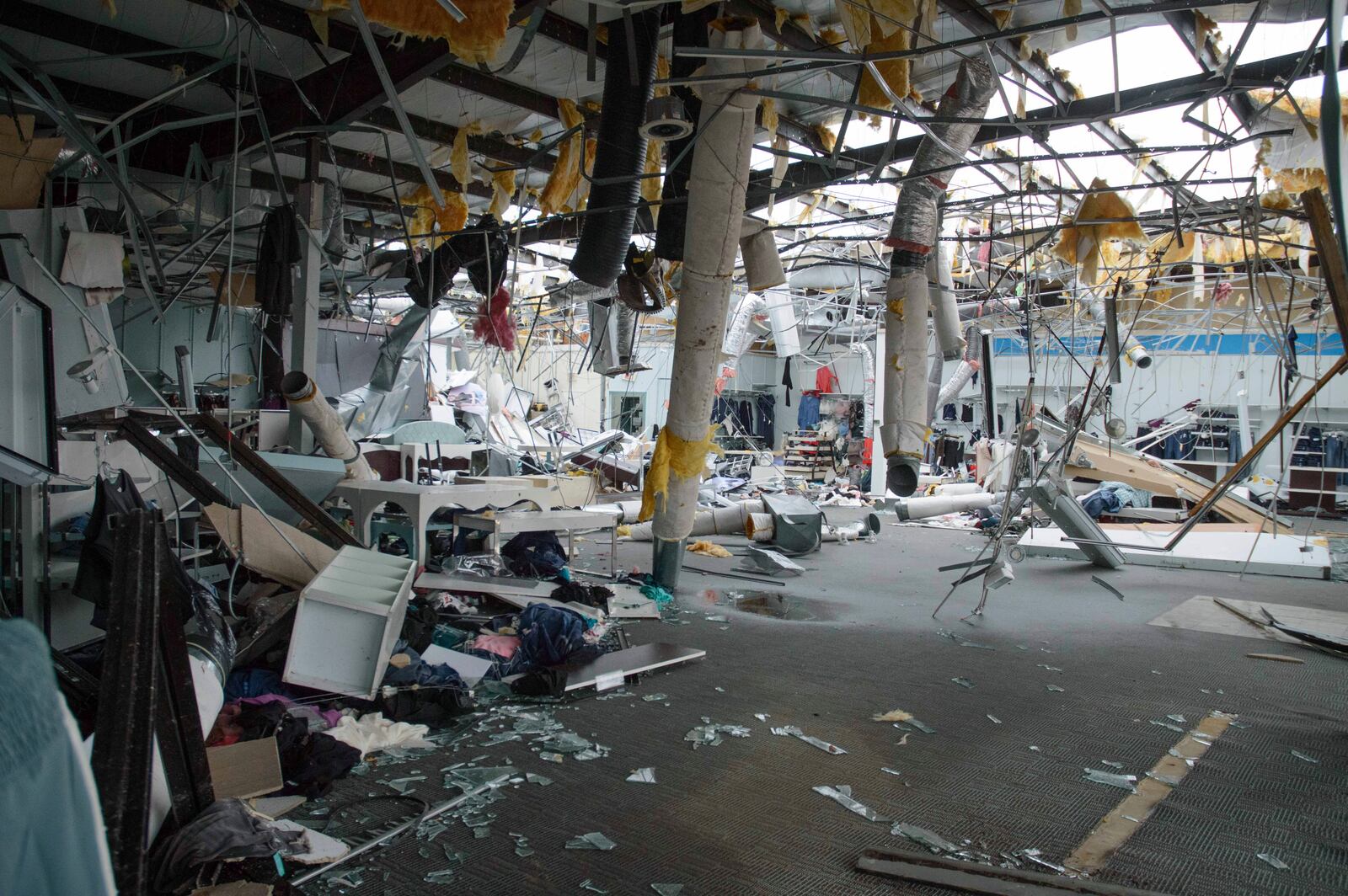 Damage to Maurices clothing is shown in Ada, Okla., after severe weather passed the area, Sunday, April 20, 2025. (Richard R. Barron/The Ada News via AP)